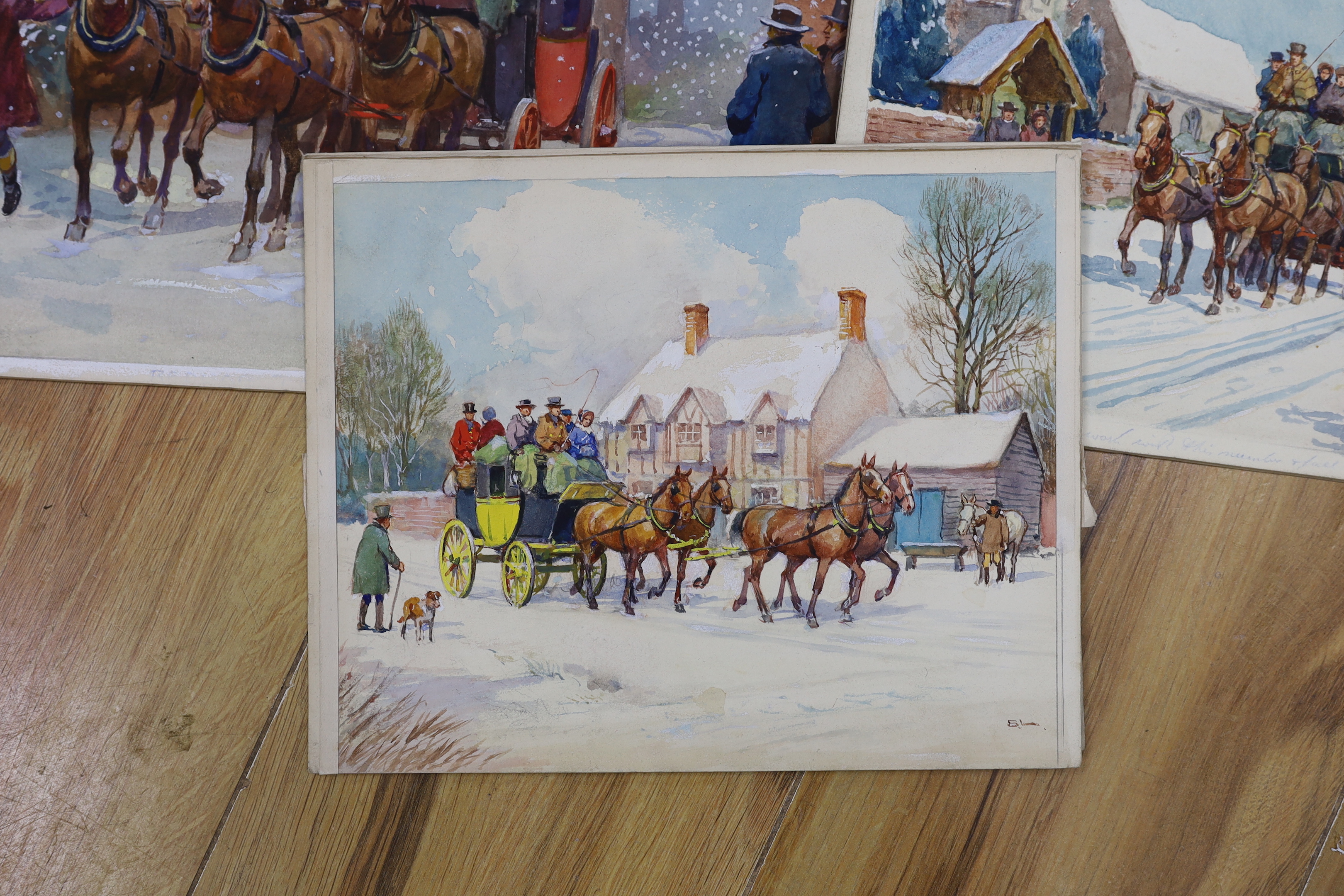 Savile Lumley (1876-1960), six original watercolours for greeting cards, Victorian coaching scenes, each signed/initialled unframed, largest 26 x 36cm